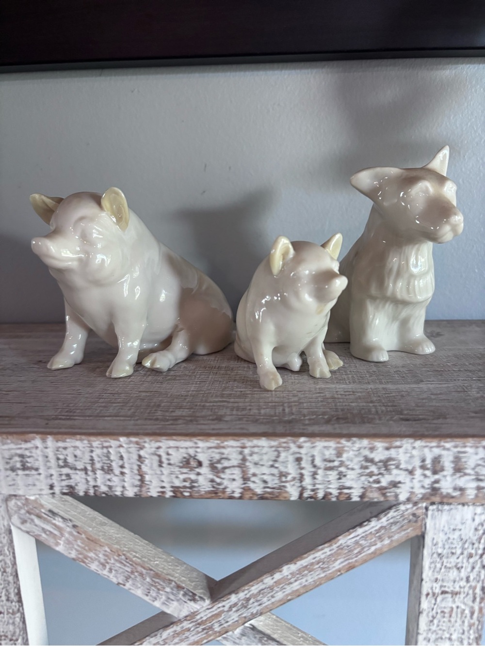 Belleek porcelain pigs and dog set